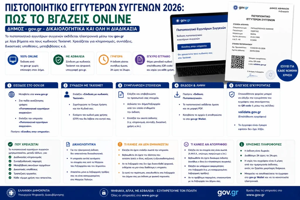 Πιστοποιητικό εγγυτέρων συγγενών 2026: Πώς το βγάζεις online – Δήμος, gov.gr και δικαιολογητικά