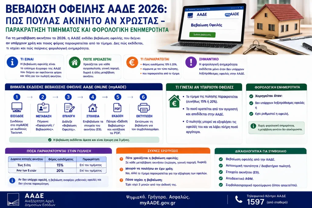 Βεβαίωση Οφειλής ΑΑΔΕ 2026: Πώς πουλάς ακίνητο αν χρωστάς – Παρακράτηση τιμήματος και φορολογική ενημερότητα