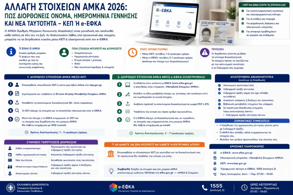 Αλλαγή στοιχείων ΑΜΚΑ 2026: Πώς διορθώνεις όνομα, ημερομηνία γέννησης και νέα ταυτότητα – ΚΕΠ ή e-ΕΦΚΑ;