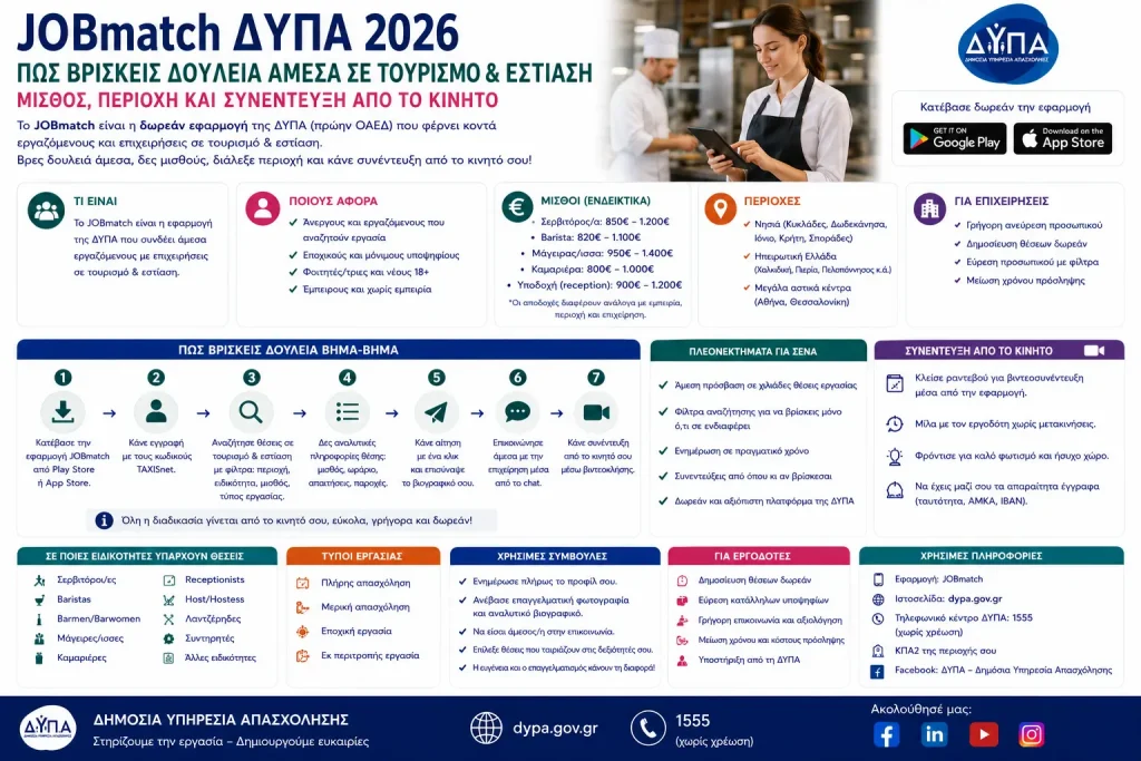 JOBmatch ΔΥΠΑ 2026: Πώς βρίσκεις δουλειά άμεσα σε τουρισμό και εστίαση – Μισθός, περιοχή και συνέντευξη από το κινητό