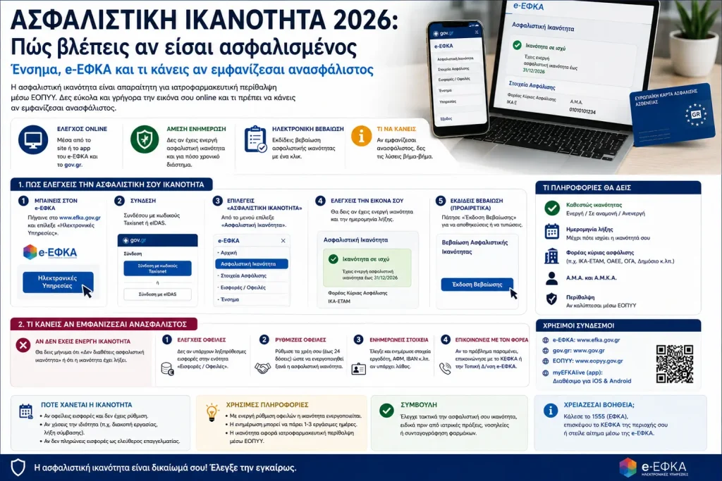 Ασφαλιστική ικανότητα 2026: Πώς βλέπεις αν είσαι ασφαλισμένος – Ένσημα, e-ΕΦΚΑ και τι κάνεις αν εμφανίζεσαι ανασφάλιστος