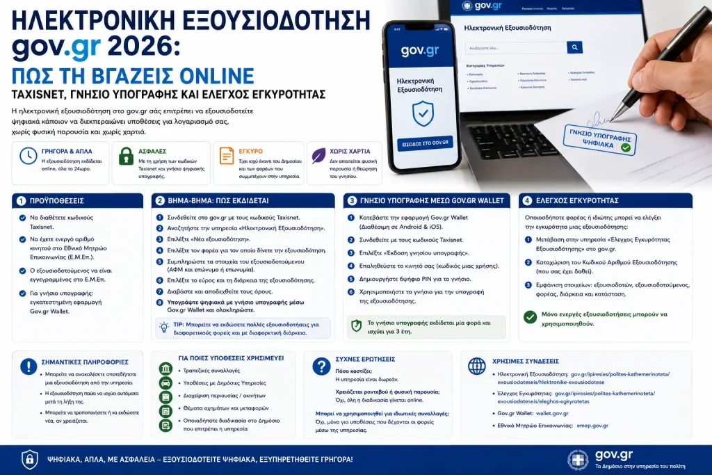 Ηλεκτρονική εξουσιοδότηση gov.gr 2026: Πώς τη βγάζεις online – Taxisnet, γνήσιο υπογραφής και έλεγχος εγκυρότητας
