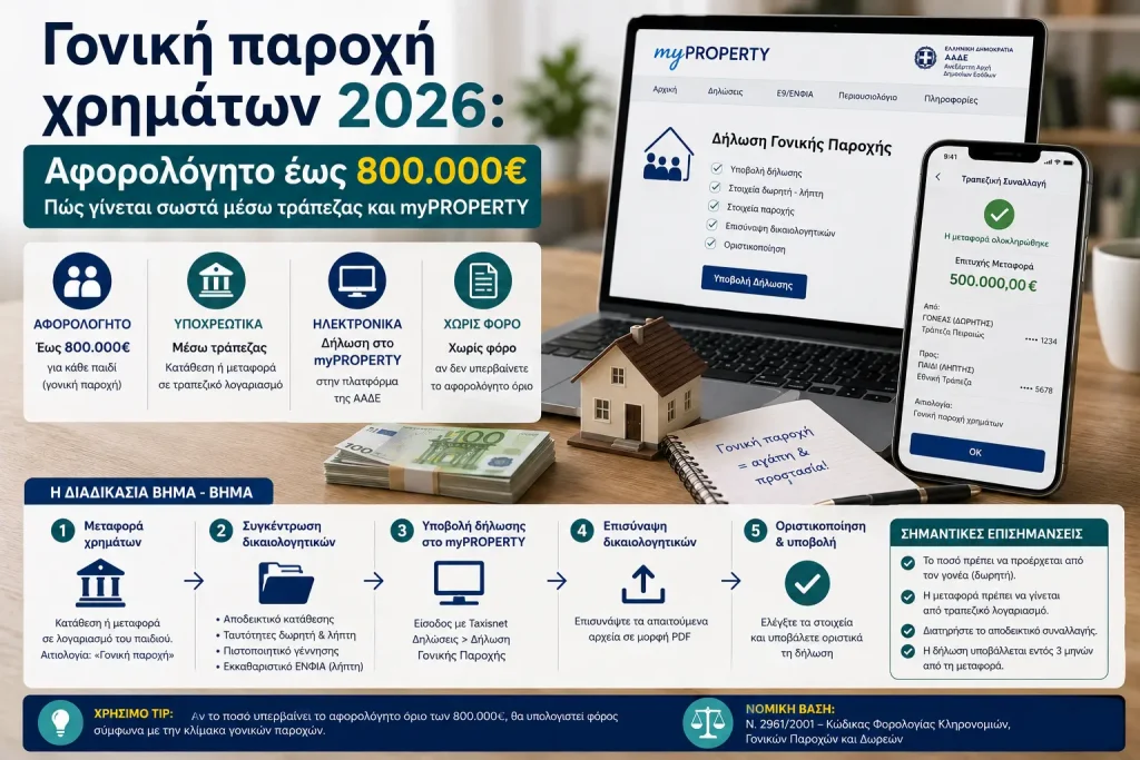 Γονική παροχή χρημάτων 2026: Αφορολόγητο έως 800.000€ – Πώς γίνεται σωστά μέσω τράπεζας και myPROPERTY
