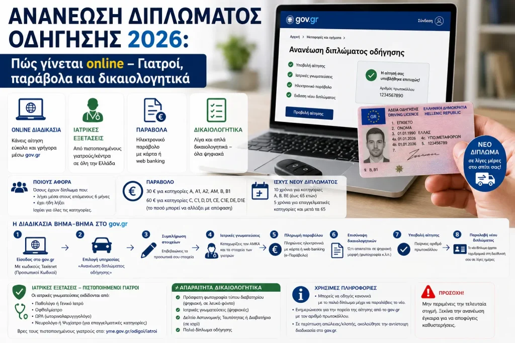 Ανανέωση διπλώματος οδήγησης 2026: Πώς γίνεται online – Γιατροί, παράβολα και δικαιολογητικά