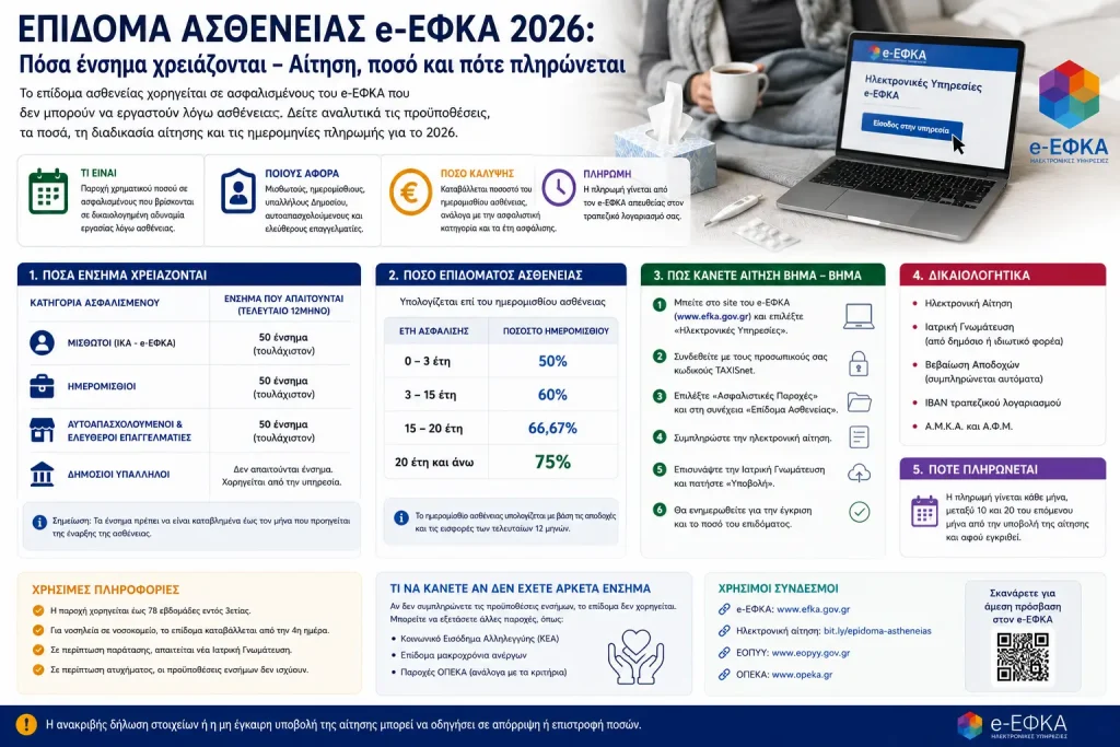 Επίδομα ασθενείας e-ΕΦΚΑ 2026: Πόσα ένσημα χρειάζονται – Αίτηση, ποσό και πότε πληρώνεται