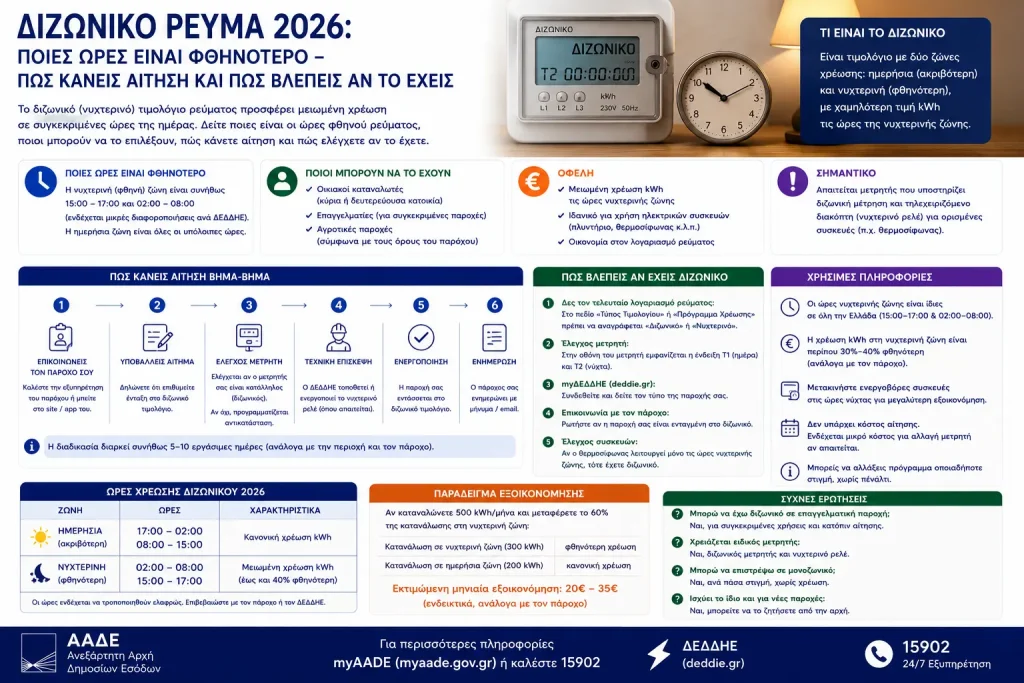 Διζωνικό ρεύμα 2026: Ποιες ώρες είναι φθηνότερο – Πώς κάνεις αίτηση και πώς βλέπεις αν το έχεις