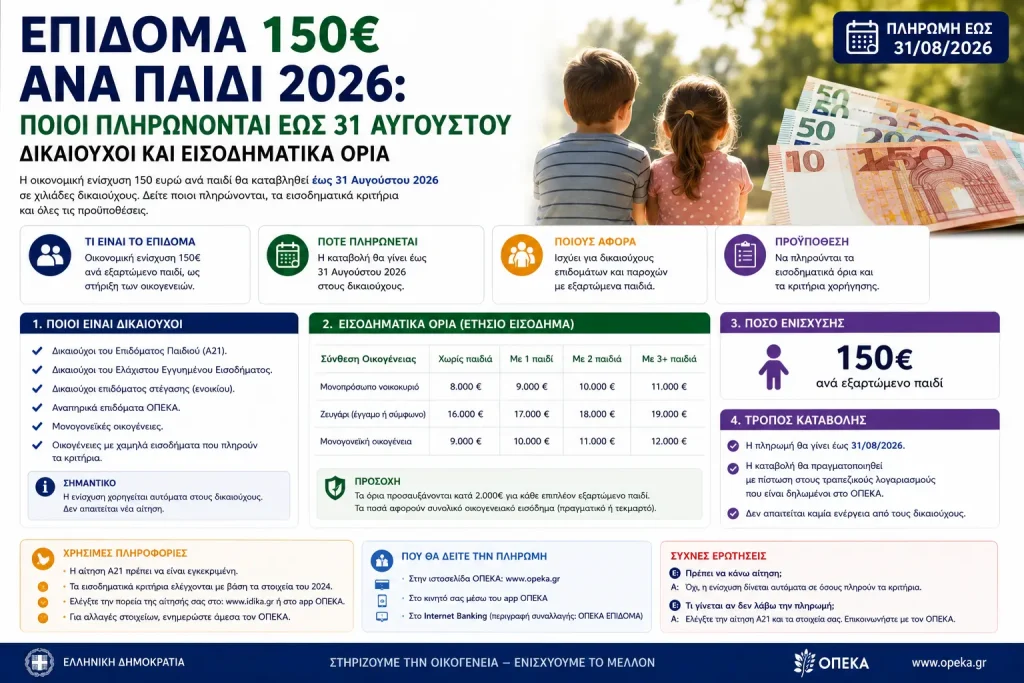 Επίδομα 150 ευρώ ανά παιδί 2026: ποιοι πληρώθηκαν, πόσα και πότε
