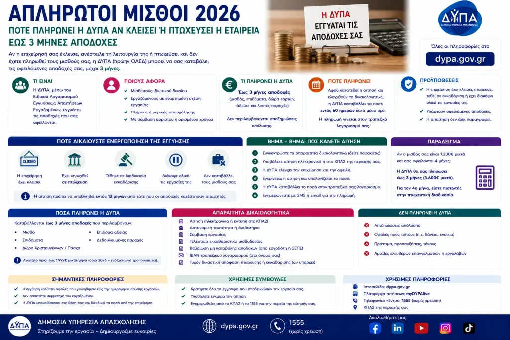 Απλήρωτοι μισθοί 2026: Πότε πληρώνει η ΔΥΠΑ αν κλείσει ή πτωχεύσει η εταιρεία – Έως 3 μήνες αποδοχές