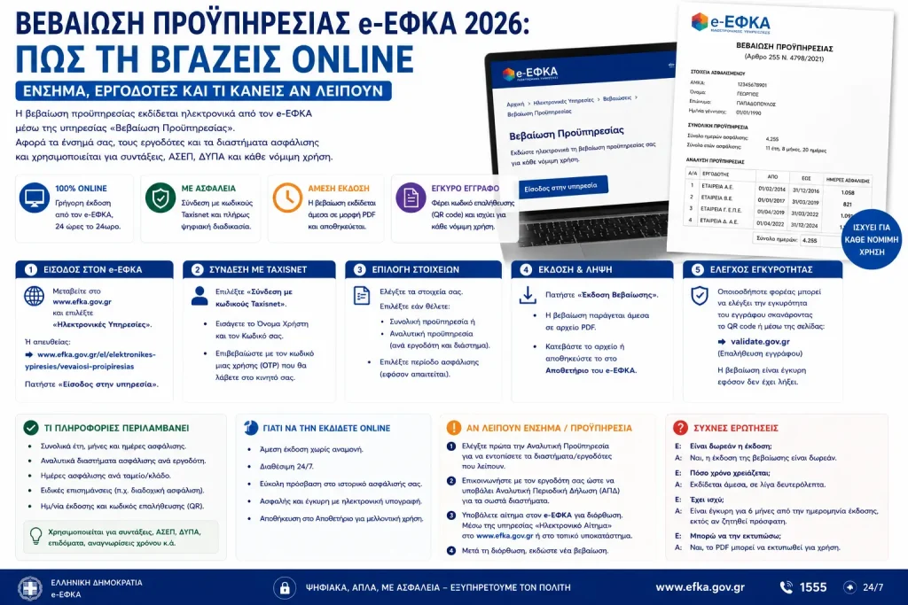 Βεβαίωση προϋπηρεσίας e-ΕΦΚΑ 2026: Πώς τη βγάζεις online – Ένσημα, εργοδότες και τι κάνεις αν λείπουν