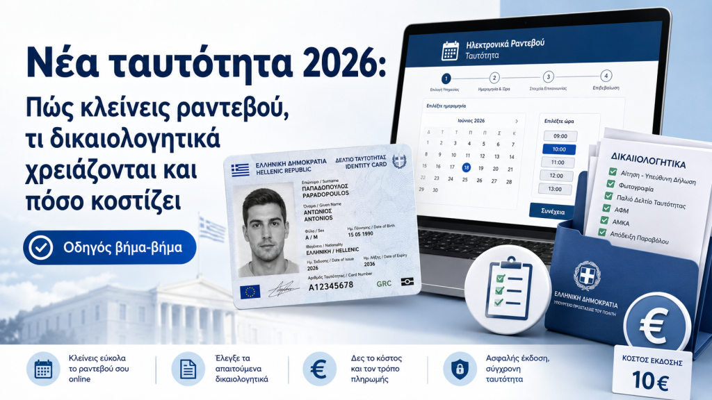 Νέα ταυτότητα 2026: Πώς κλείνεις ραντεβού, τι δικαιολογητικά χρειάζονται και πόσο κοστίζει