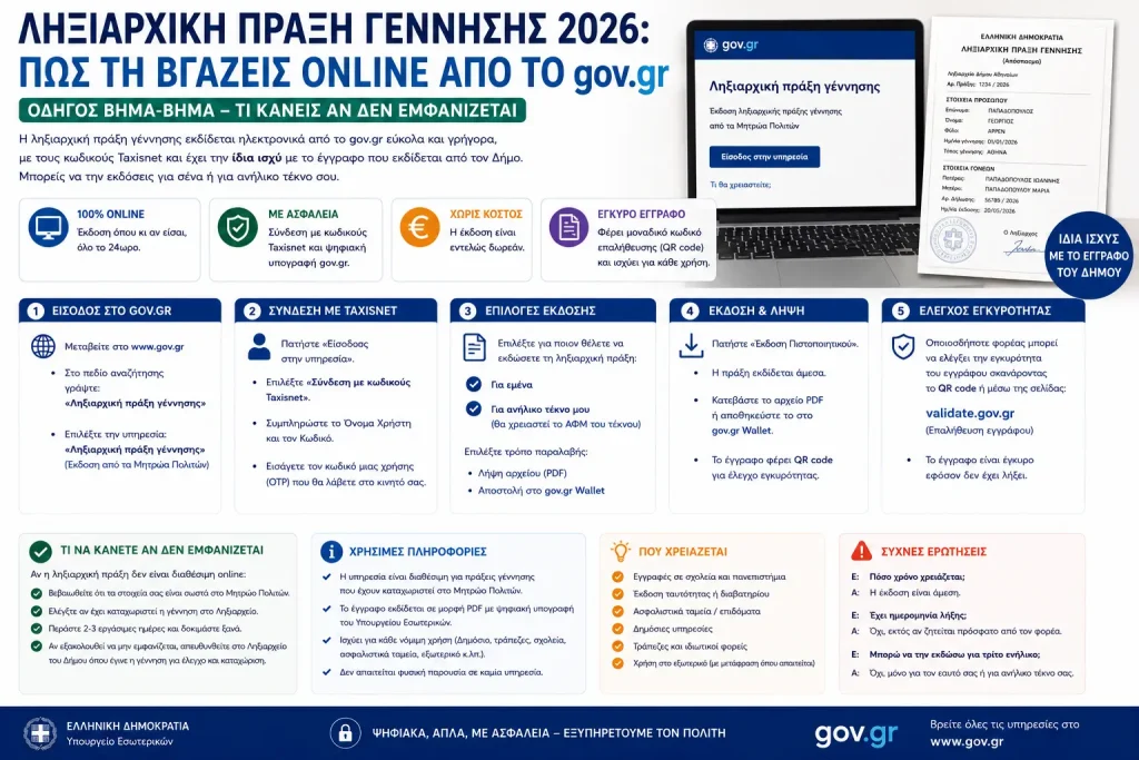 Ληξιαρχική πράξη γέννησης 2026: Πώς τη βγάζεις online από το gov.gr – Τι κάνεις αν δεν εμφανίζεται