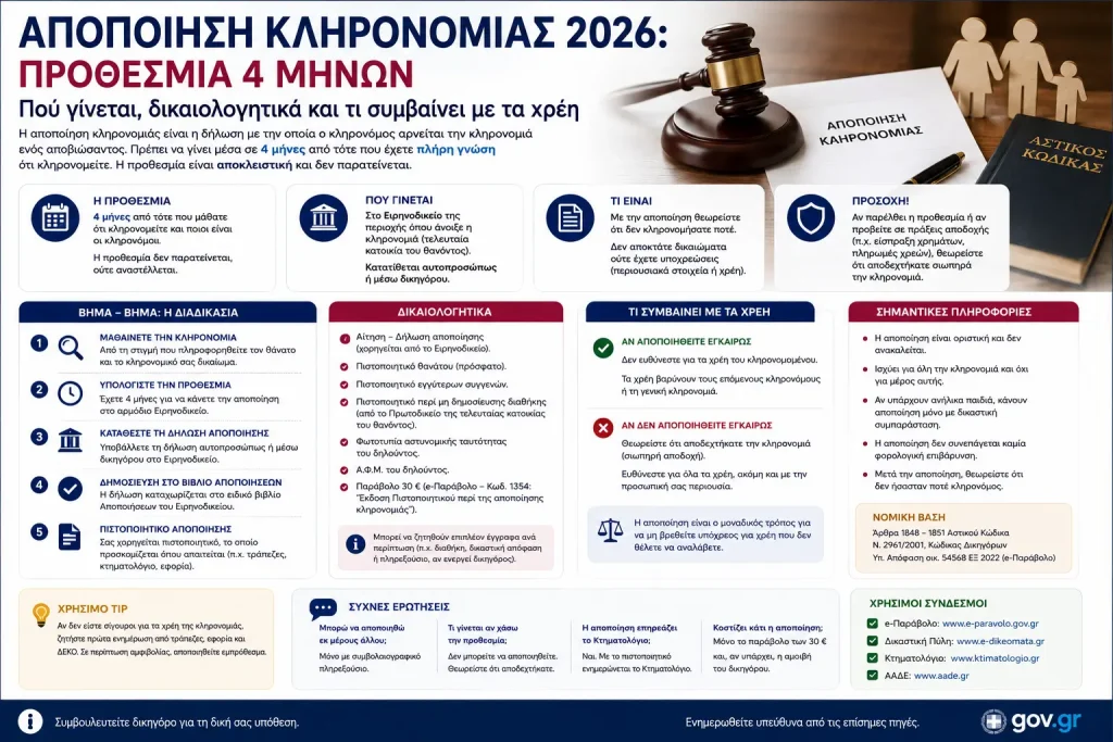 Αποποίηση κληρονομιάς 2026: Προθεσμία 4 μηνών – Πού γίνεται, δικαιολογητικά και τι συμβαίνει με τα χρέη