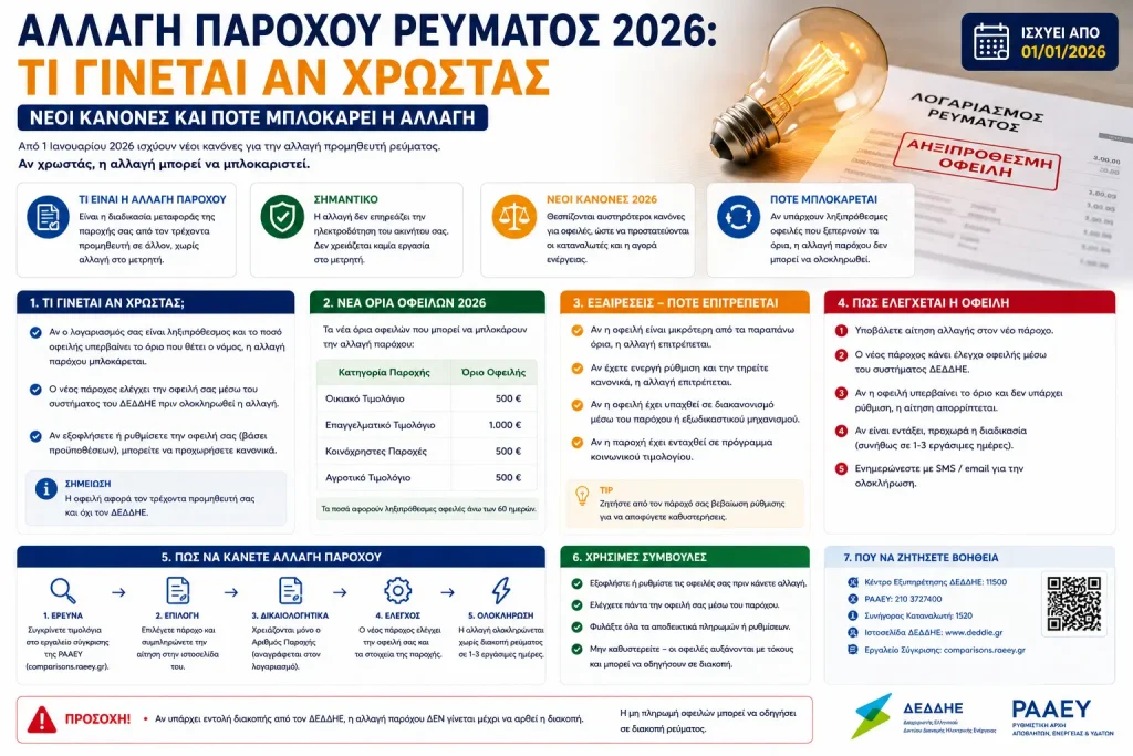 Αλλαγή παρόχου ρεύματος 2026: Τι γίνεται αν χρωστάς – Νέοι κανόνες και πότε μπλοκάρει η αλλαγή
