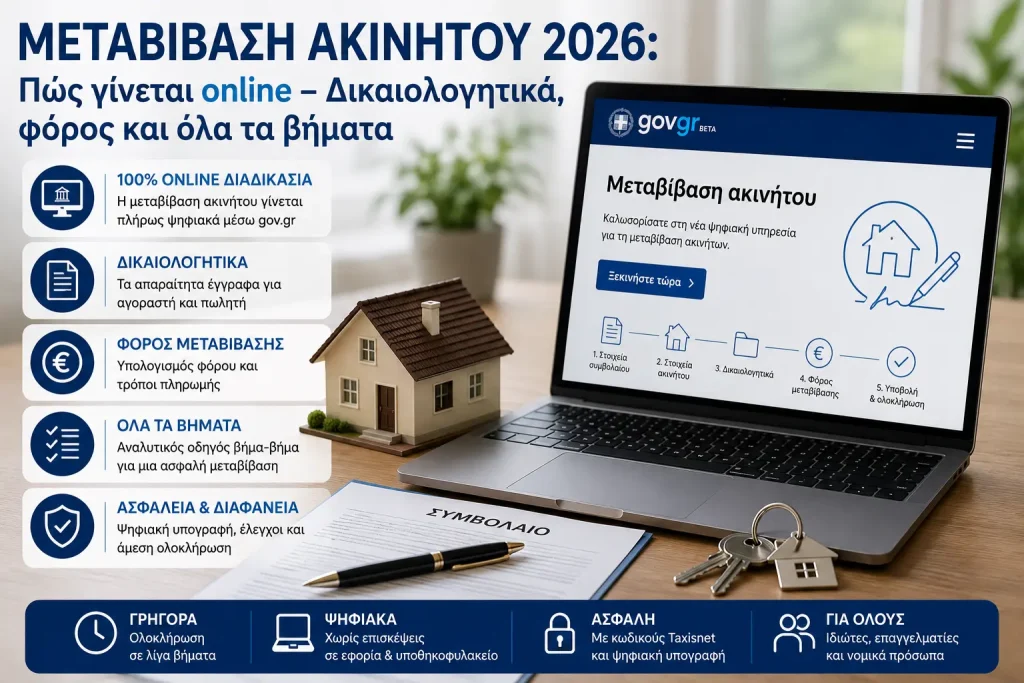 Μεταβίβαση ακινήτου 2026: Πώς γίνεται online – Δικαιολογητικά, φόρος και όλα τα βήματα