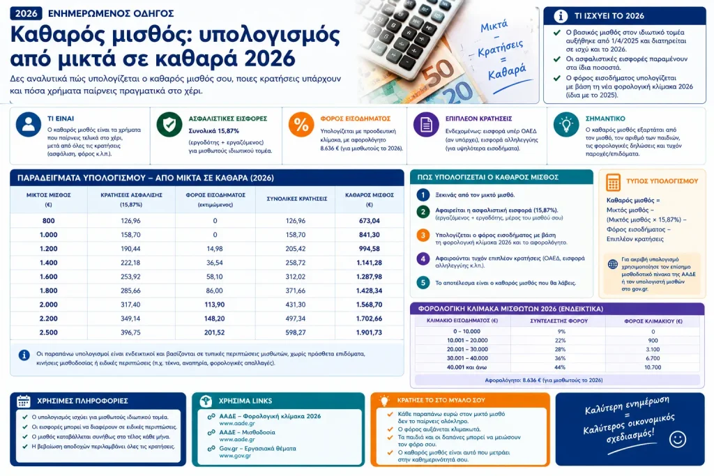 Καθαρός μισθός: υπολογισμός από μικτά σε καθαρά 2026