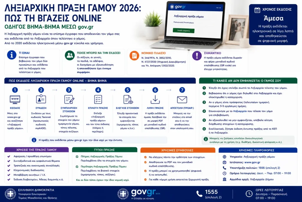 Ληξιαρχική πράξη γάμου 2026: Πώς τη βγάζεις online – Τι κάνεις αν δεν εμφανίζεται στο gov.gr