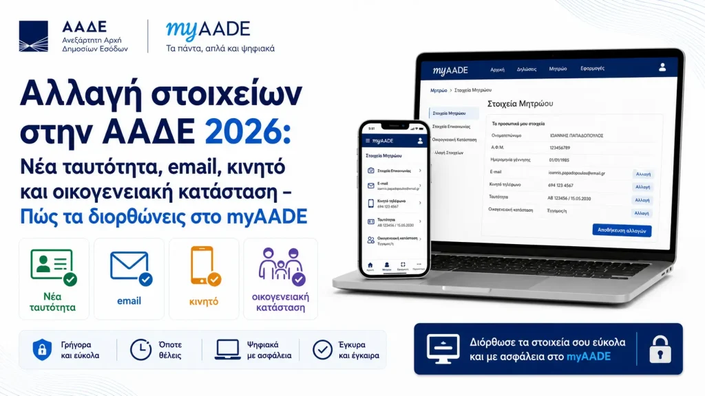 Αλλαγή στοιχείων στην ΑΑΔΕ 2026: Νέα ταυτότητα, email, κινητό και οικογενειακή κατάσταση – Πώς τα διορθώνεις στο myAADE