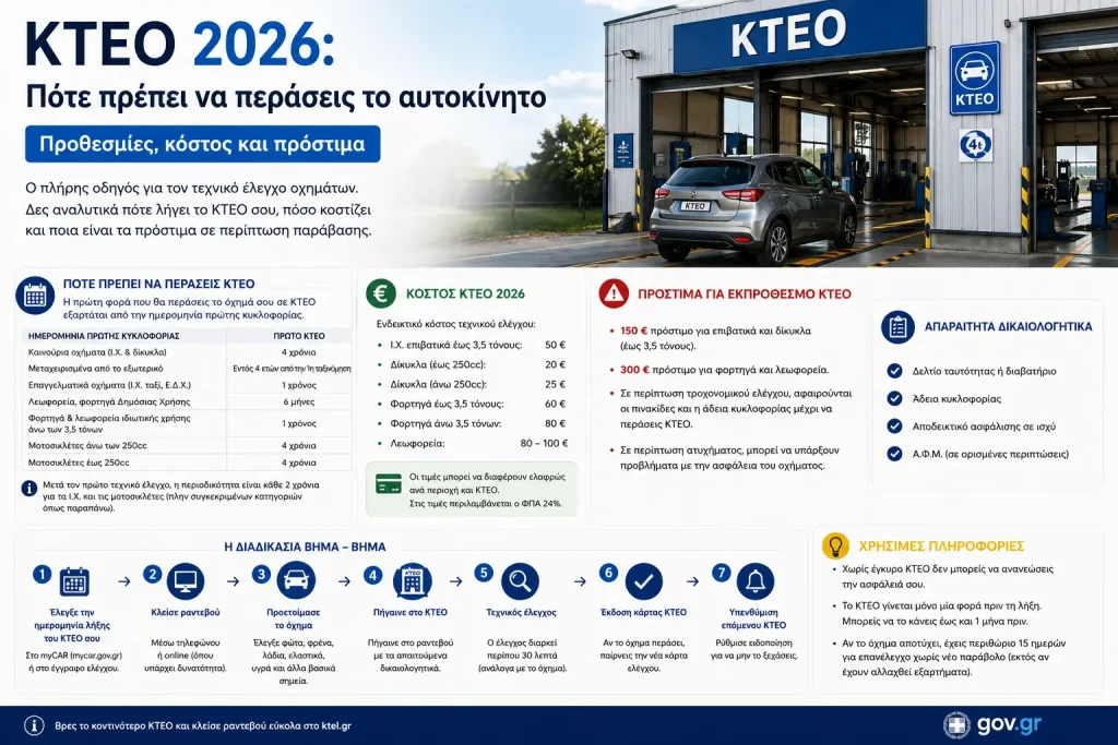 ΚΤΕΟ 2026: πόσο κοστίζει, πότε λήγει και πόσο είναι το πρόστιμο