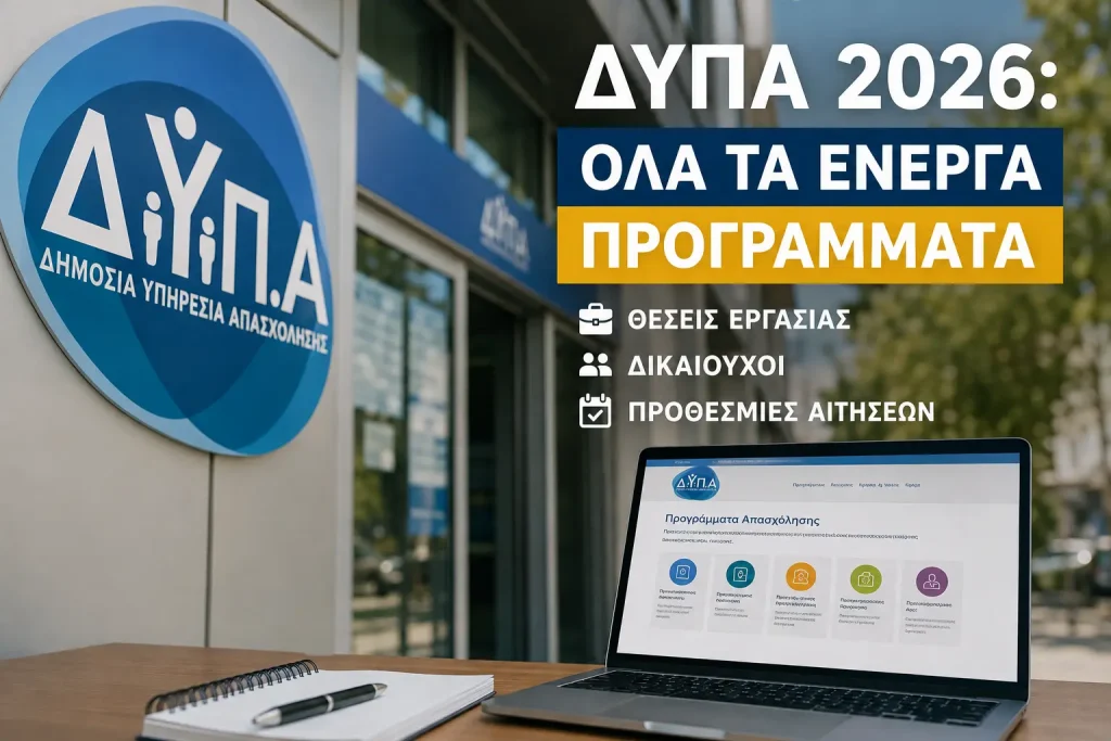 Γραφικό ΔΥΠΑ 2026: όλα τα ενεργά προγράμματα απασχόλησης — θέσεις εργασίας, δικαιούχοι και προθεσμίες αιτήσεων