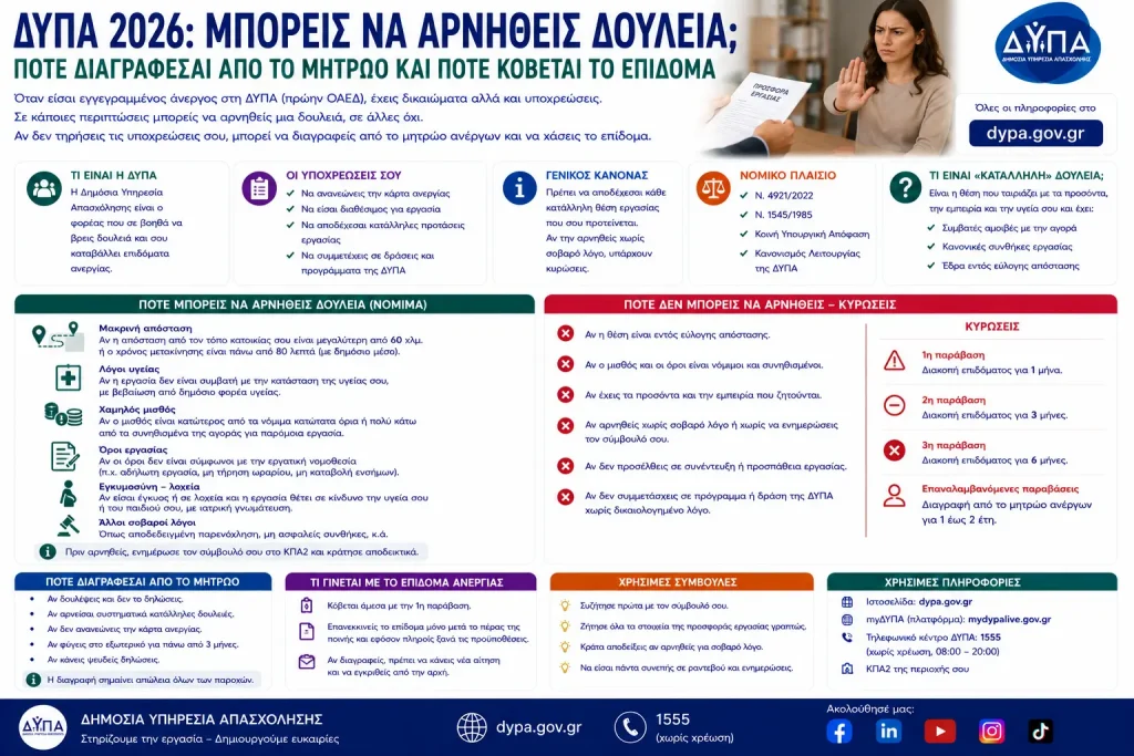 ΔΥΠΑ 2026: Μπορείς να αρνηθείς δουλειά; Πότε διαγράφεσαι από το μητρώο και πότε κόβεται το επίδομα