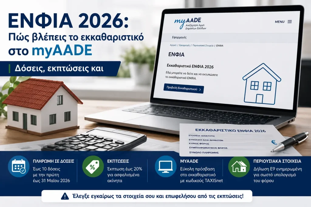 ΕΝΦΙΑ 2026: Πώς βλέπεις το εκκαθαριστικό στο myAADE – Δόσεις, εκπτώσεις και πληρωμή