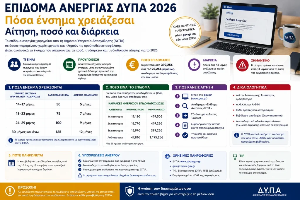 Επίδομα ανεργίας ΔΥΠΑ 2026: Πόσα ένσημα χρειάζεσαι – Αίτηση, ποσό και διάρκεια