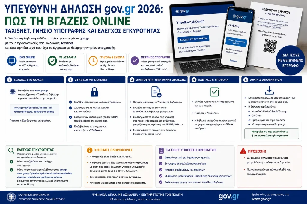 Υπεύθυνη δήλωση gov.gr 2026: Πώς τη βγάζεις online – Taxisnet, γνήσιο υπογραφής και έλεγχος εγκυρότητας