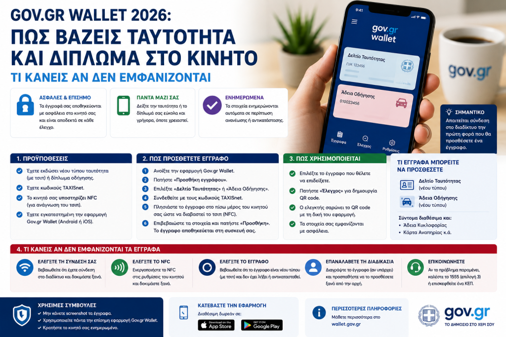 Gov.gr Wallet 2026: Πώς βάζεις ταυτότητα και δίπλωμα στο κινητό – Τι κάνεις αν δεν εμφανίζονται