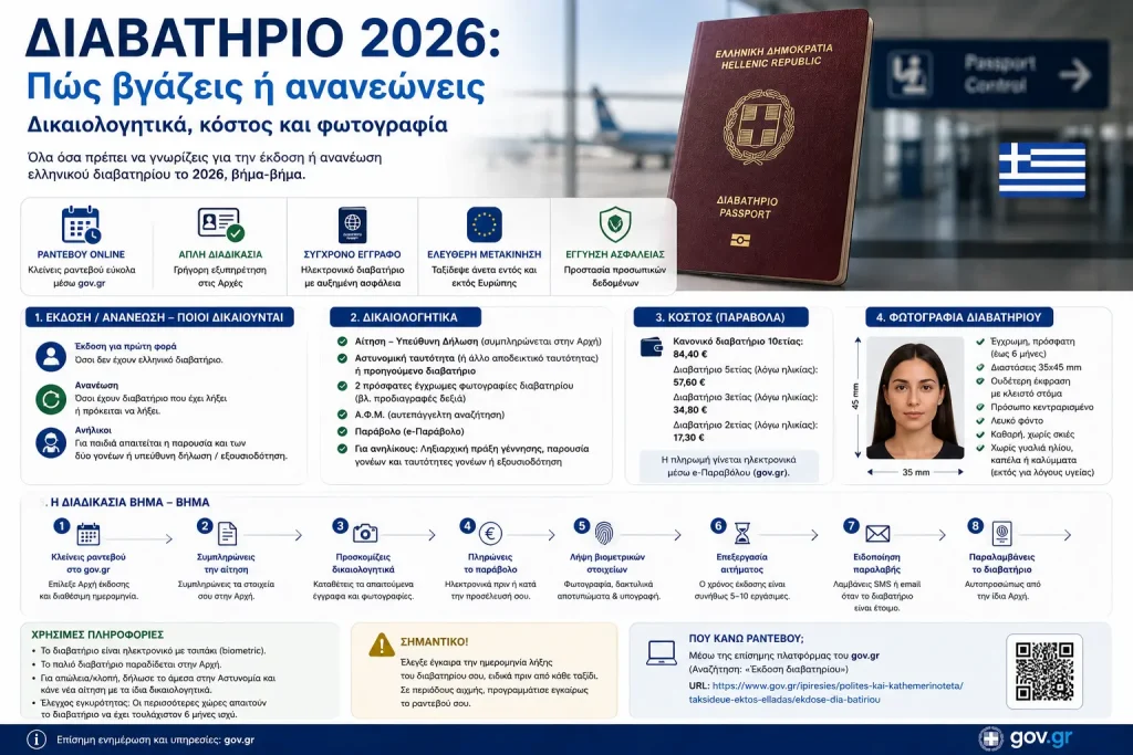 Διαβατήριο 2026: Πώς βγάζεις ή ανανεώνεις – Δικαιολογητικά, κόστος και φωτογραφία