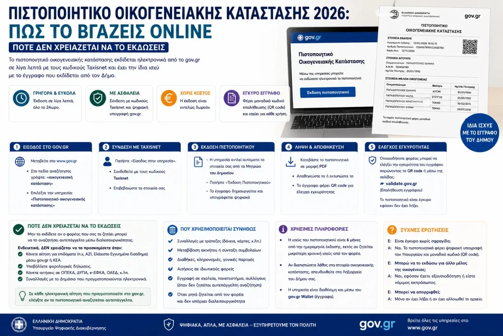 Πιστοποιητικό οικογενειακής κατάστασης 2026: Πώς το βγάζεις online – Πότε δεν χρειάζεται να το εκδώσεις