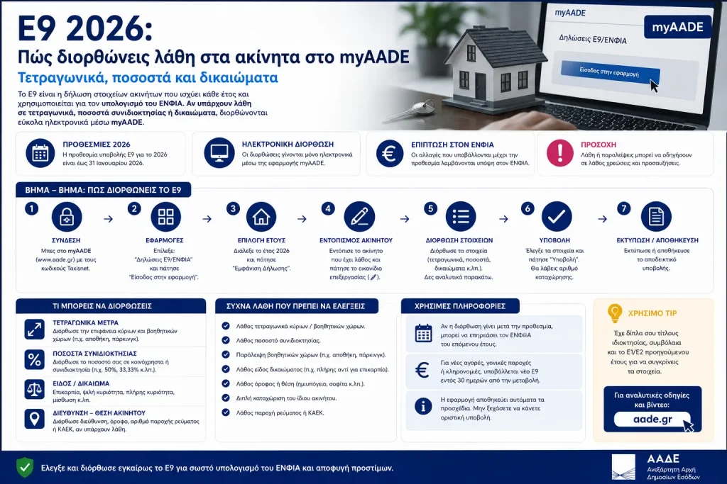 Ε9 2026: Πώς διορθώνεις λάθη στα ακίνητα στο myAADE – Τετραγωνικά, ποσοστά και δικαιώματα