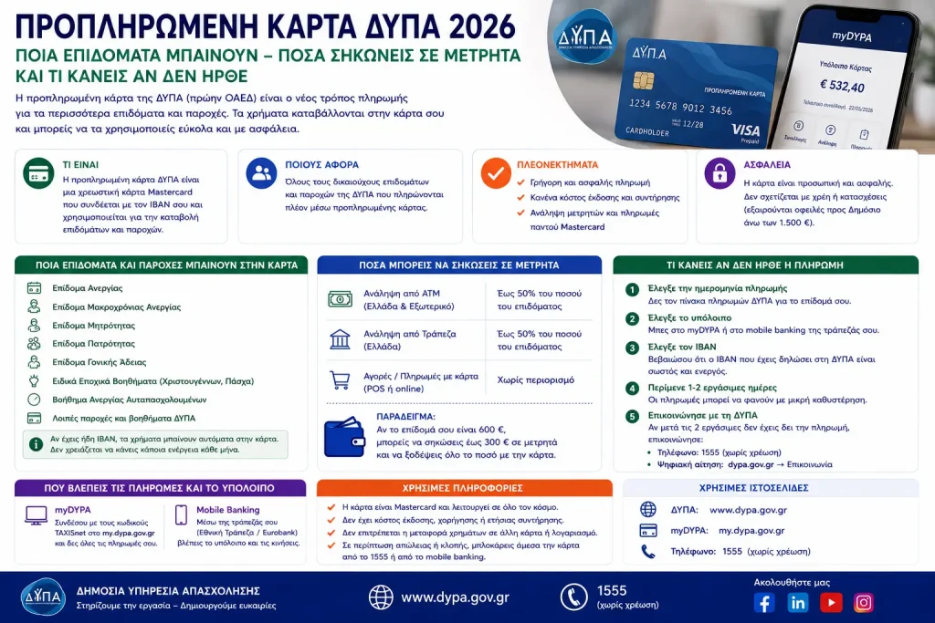 Προπληρωμένη κάρτα ΔΥΠΑ 2026: Ποια επιδόματα μπαίνουν – Πόσα σηκώνεις σε μετρητά και τι κάνεις αν δεν ήρθε