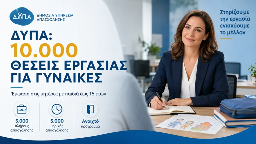 Γραφικό ΔΥΠΑ: 10.000 θέσεις εργασίας για γυναίκες, με έμφαση στις μητέρες με παιδιά έως 15 ετών — 5.000 πλήρους και 5.000 μερικής απασχόλησης