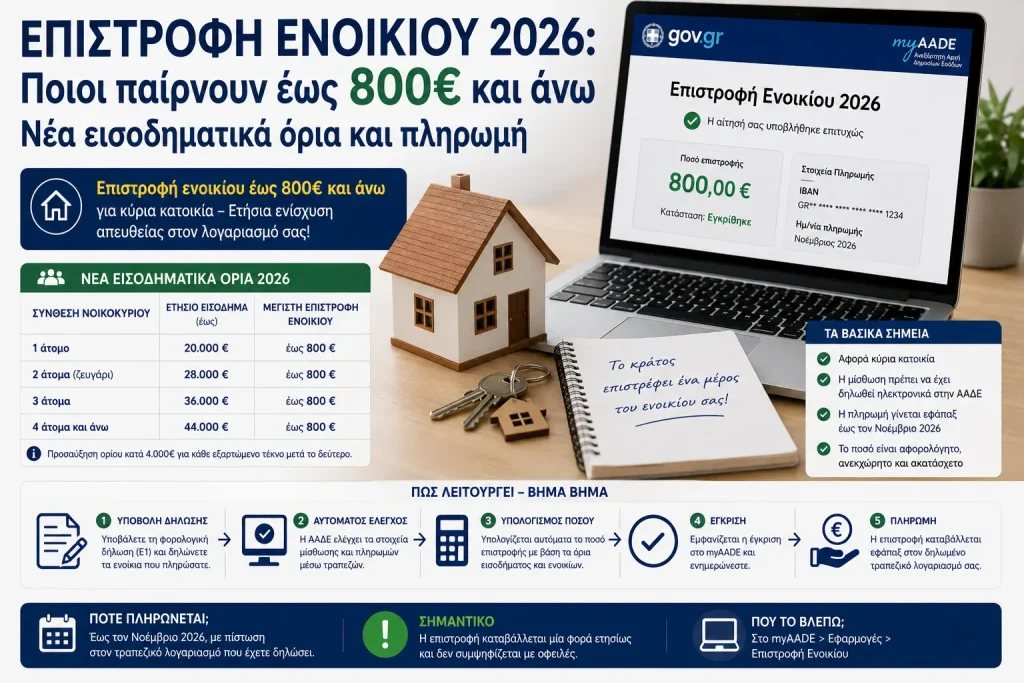 Επιστροφή ενοικίου 2026: Ποιοι παίρνουν έως 800€ και άνω – Νέα εισοδηματικά όρια και πληρωμή