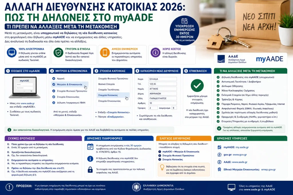 Αλλαγή διεύθυνσης κατοικίας 2026: Πώς τη δηλώνεις στο myAADE – Τι πρέπει να αλλάξεις μετά τη μετακόμιση