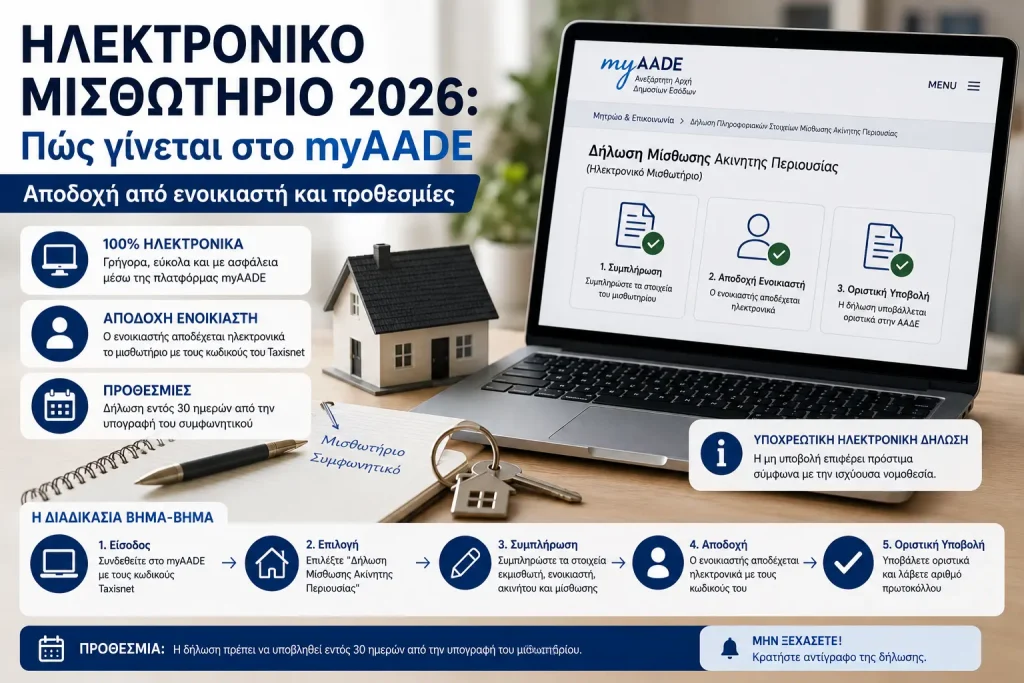 Ηλεκτρονικό μισθωτήριο 2026: Πώς γίνεται στο myAADE – Αποδοχή από ενοικιαστή και προθεσμίες