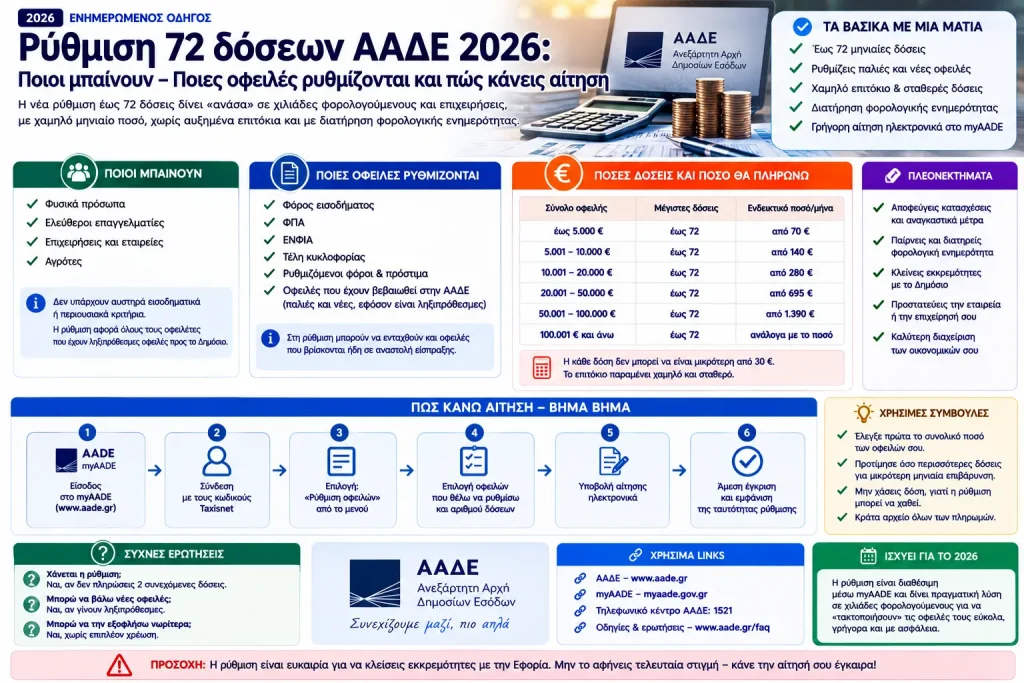 Ρύθμιση 72 δόσεων ΑΑΔΕ 2026: Ποιοι μπαίνουν – Ποιες οφειλές ρυθμίζονται και πώς κάνεις αίτηση