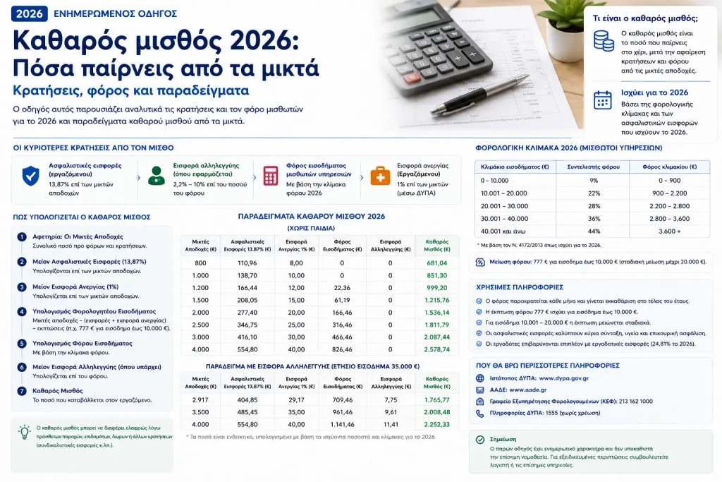 Καθαρός μισθός 2026: Πόσα παίρνεις από τα μικτά – Κρατήσεις, φόρος και παραδείγματα