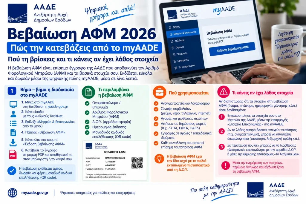 Βεβαίωση ΑΦΜ 2026: Πώς την κατεβάζεις από το myAADE – Πού τη βρίσκεις και τι κάνεις αν έχει λάθος στοιχεία