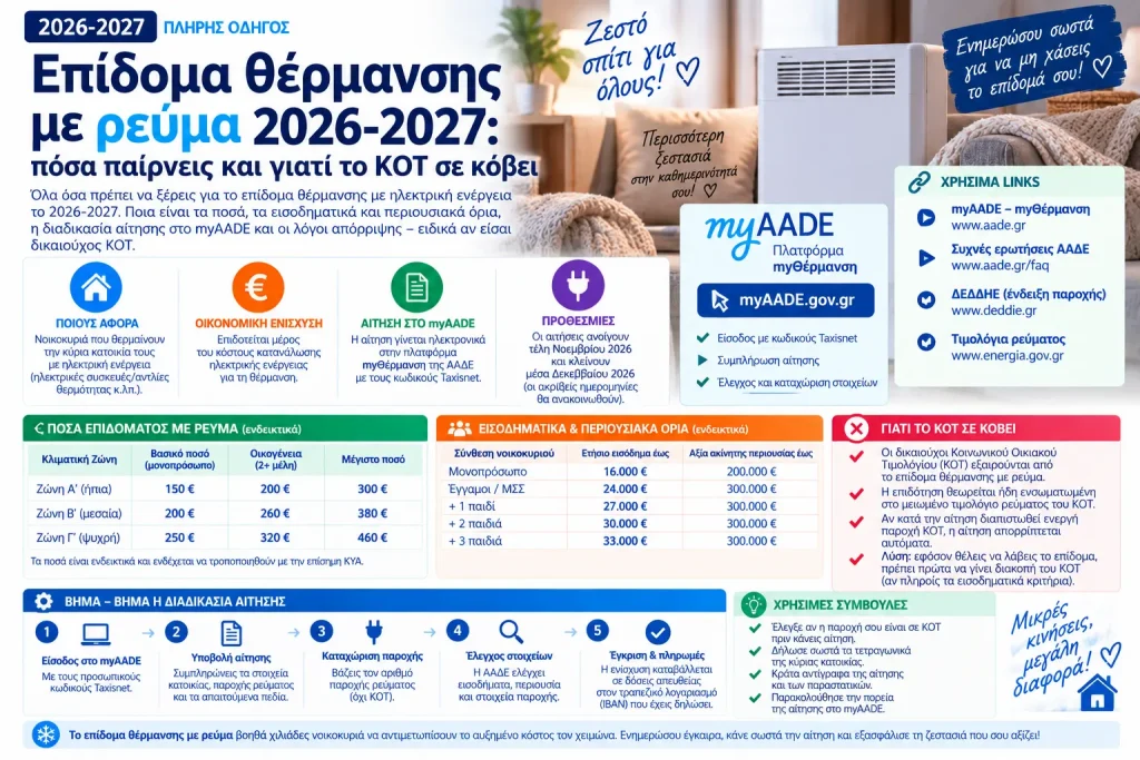 Επίδομα θέρμανσης με ρεύμα 2026-2027: πόσα παίρνεις και γιατί το ΚΟΤ σε κόβει