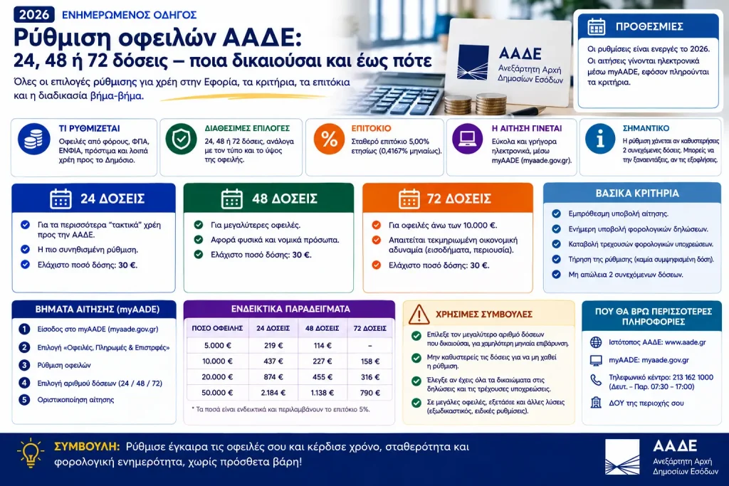 Ρύθμιση οφειλών ΑΑΔΕ: 24, 48 ή 72 δόσεις — ποια δικαιούσαι και έως πότε