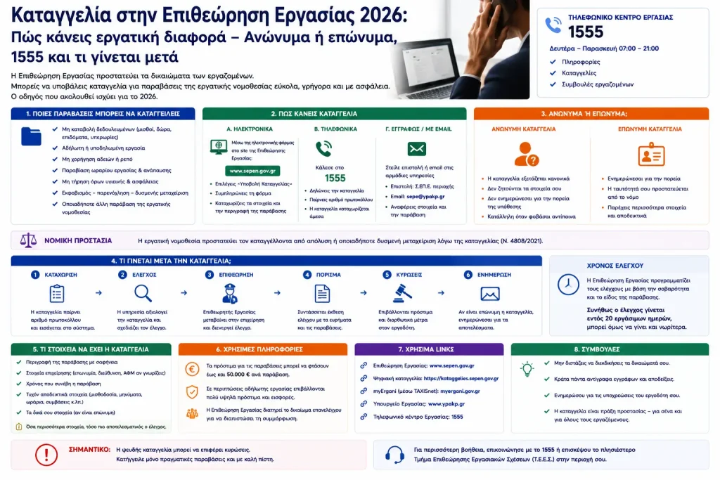 Καταγγελία στην Επιθεώρηση Εργασίας 2026: Πώς κάνεις εργατική διαφορά – Ανώνυμα ή επώνυμα, 1555 και τι γίνεται μετά