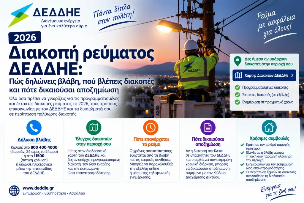 Διακοπή ρεύματος ΔΕΔΔΗΕ 2026: Πώς δηλώνεις βλάβη, πού βλέπεις διακοπές και πότε δικαιούσαι αποζημίωση