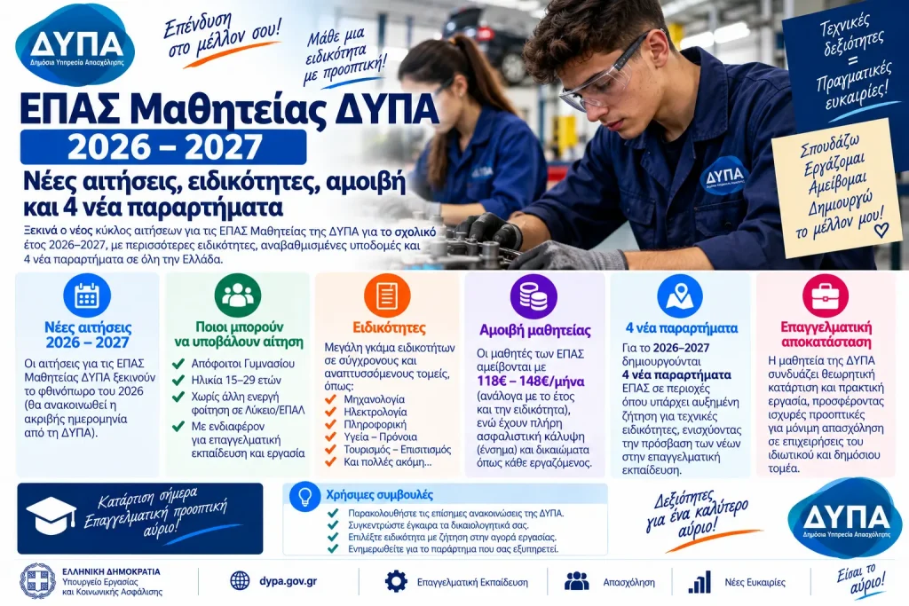 ΕΠΑΣ Μαθητείας ΔΥΠΑ 2026–2027: Νέες αιτήσεις, ειδικότητες, αμοιβή και 4 νέα παραρτήματα