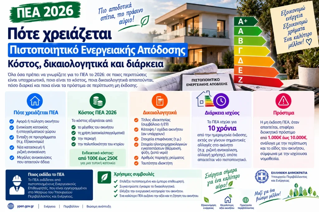 ΠΕΑ 2026: Πότε χρειάζεται Πιστοποιητικό Ενεργειακής Απόδοσης – Κόστος, δικαιολογητικά και διάρκεια