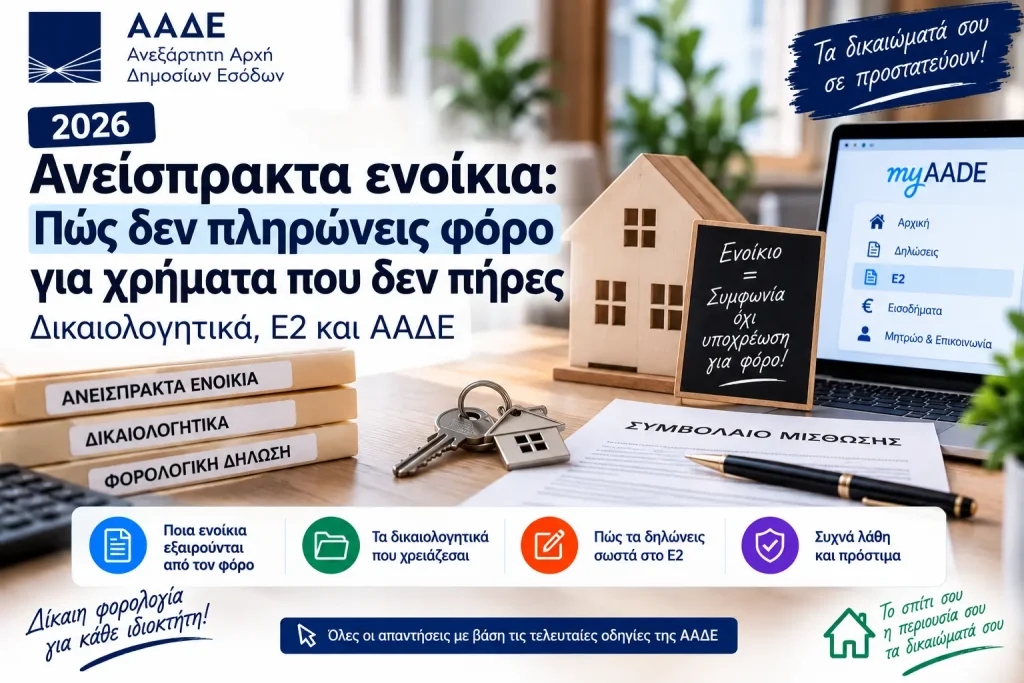 Ανείσπρακτα ενοίκια 2026: Πώς δεν πληρώνεις φόρο για χρήματα που δεν πήρες – Δικαιολογητικά, Ε2 και ΑΑΔΕ