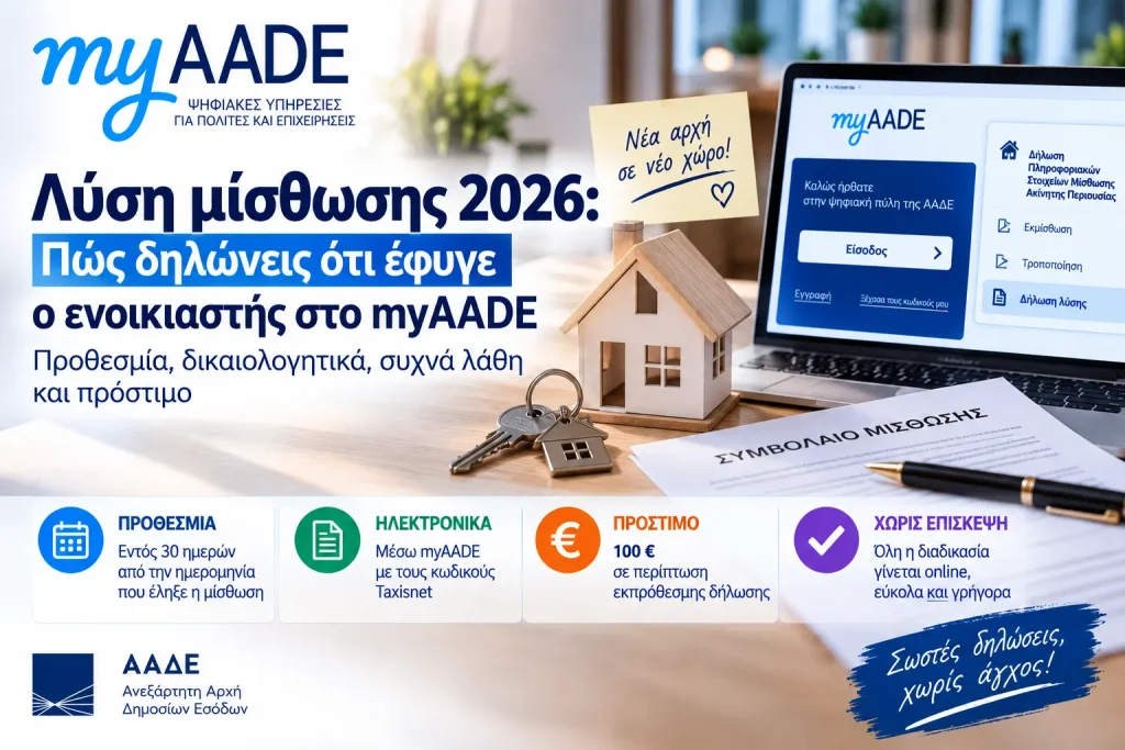 Λύση μίσθωσης 2026: Πώς δηλώνεις ότι έφυγε ο ενοικιαστής στο myAADE – Προθεσμία, λάθη και πρόστιμο