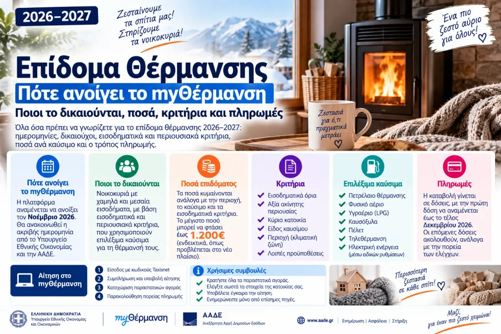Επίδομα Θέρμανσης 2026–2027: Πότε ανοίγει το myΘέρμανση – Ποιοι το δικαιούνται, ποσά, κριτήρια και πληρωμές