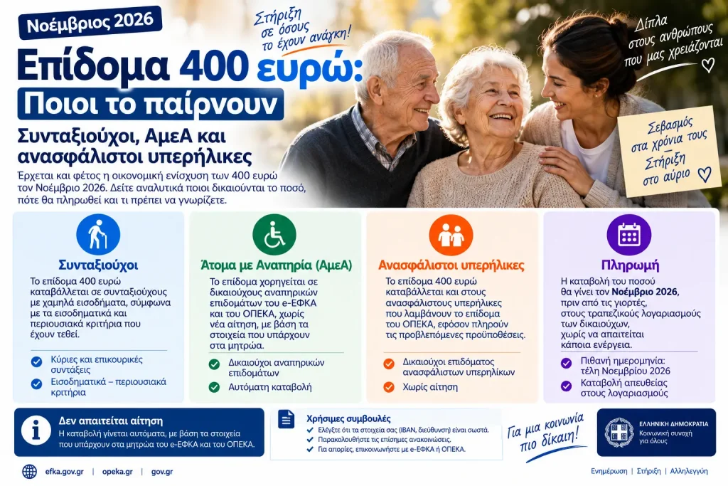 Επίδομα 400 ευρώ Νοεμβρίου 2026: Ποιοι το παίρνουν – Συνταξιούχοι, ΑμεΑ και ανασφάλιστοι υπερήλικες