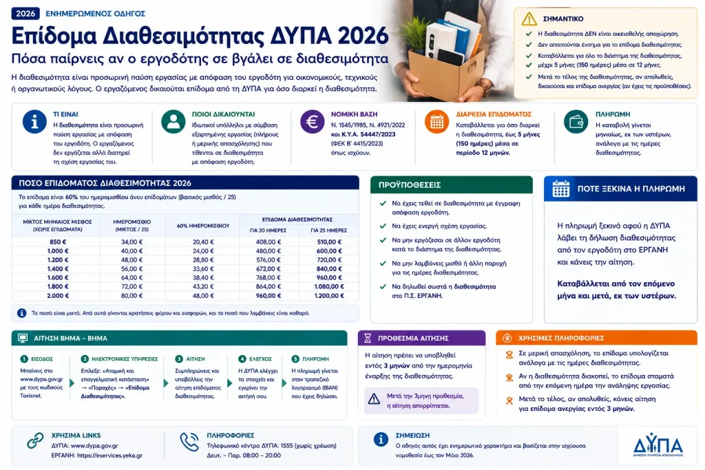 Επίδομα Διαθεσιμότητας ΔΥΠΑ 2026: Πόσα παίρνεις αν ο εργοδότης σε βγάλει σε διαθεσιμότητα – Αίτηση και προθεσμία